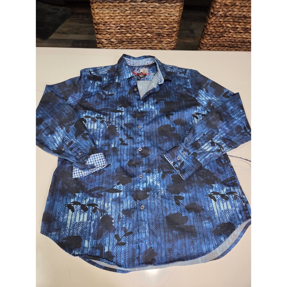 Robert Graham Shirt Mens Large Blue Floral Abstract Houndstooth Button Up B26